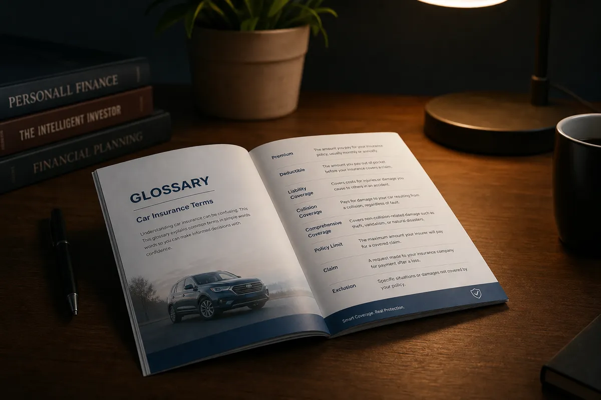 Aufgeschlagenes Glossar zur Kfz-Versicherung auf einem Tisch mit Leselampe.
