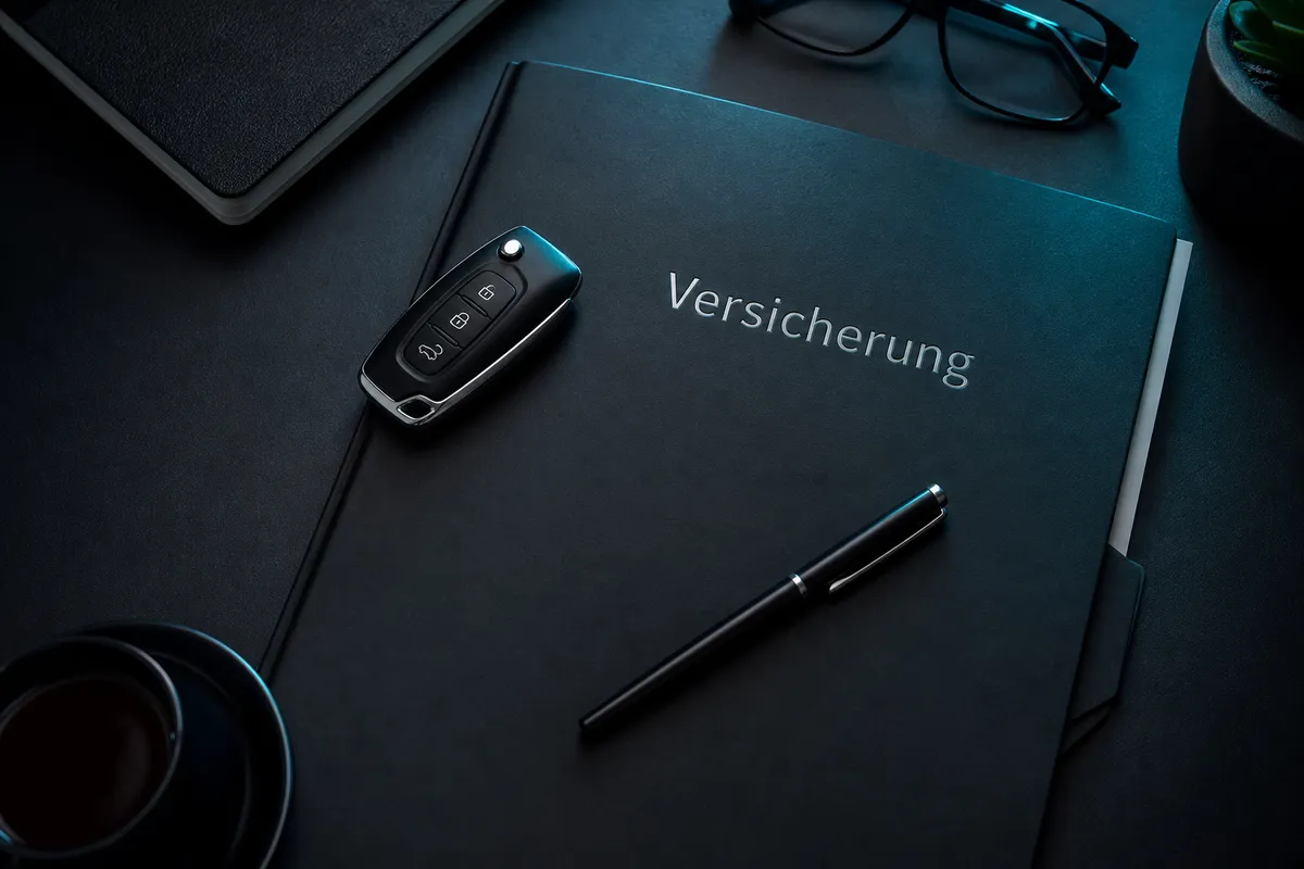 Autoschlüssel und Versicherungsmappe auf dunklem Tisch, dezentes Licht.