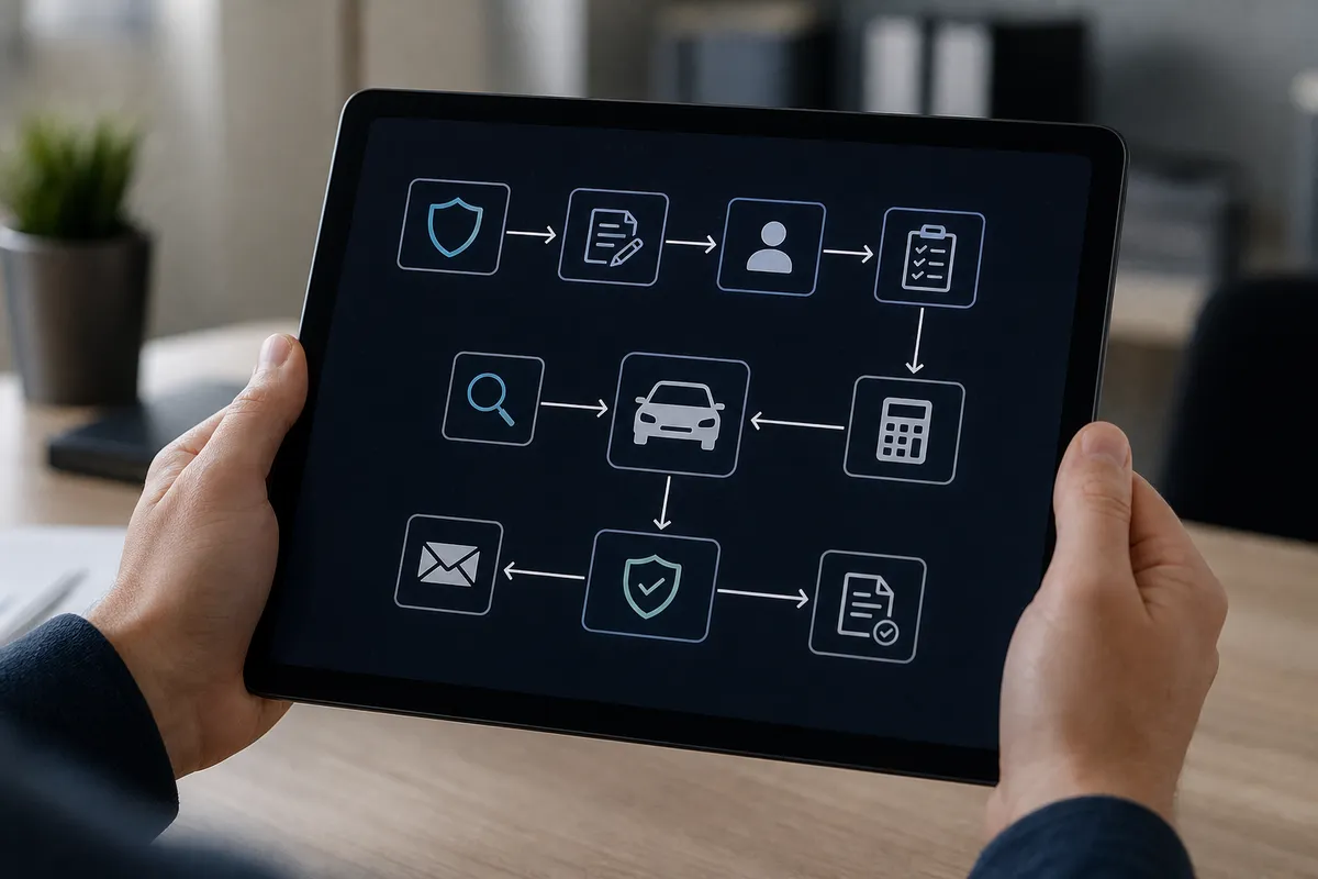 Tablet mit schematischer Darstellung zu Versicherungswechsel und handschriftlichen Randnotizen.
